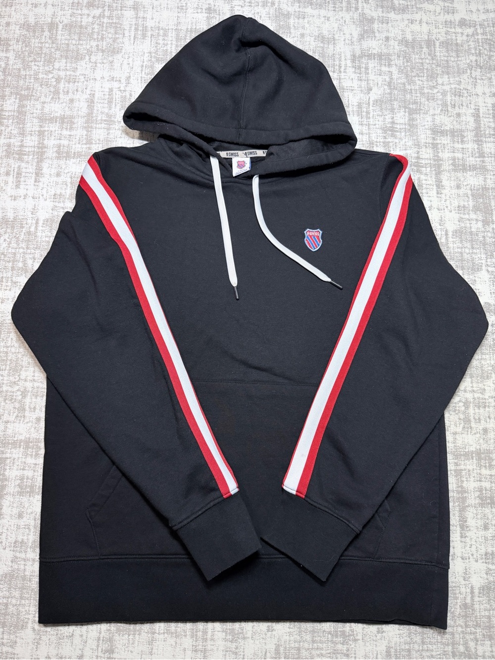 Y2K K-Swiss Black Hoodie with Red & White Sleeve Stripes